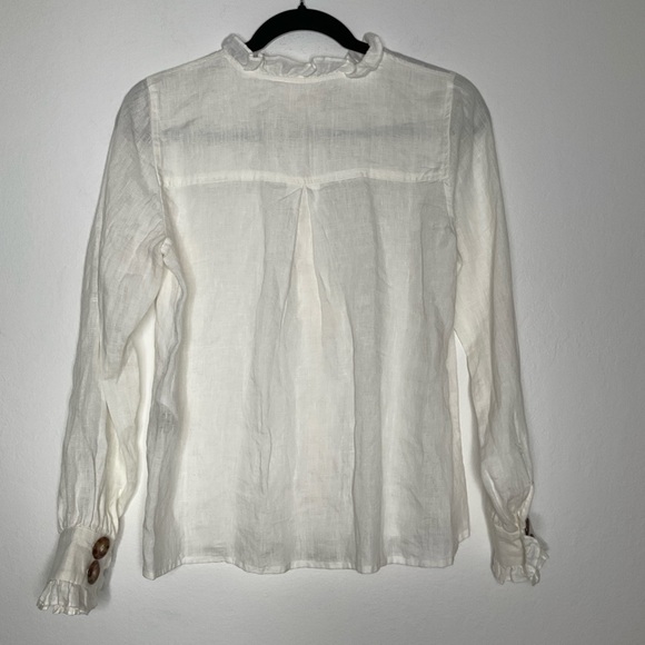Sezane Linen Ruffled White Button-Up Blouse with Big Brown Buttons Size 36 - Picture 5 of 13